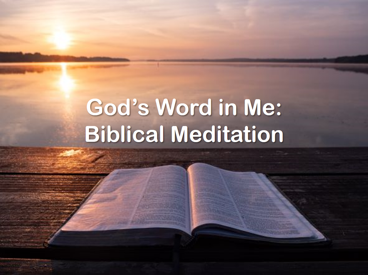 Open Bible at sunrise with text on biblical meditation.